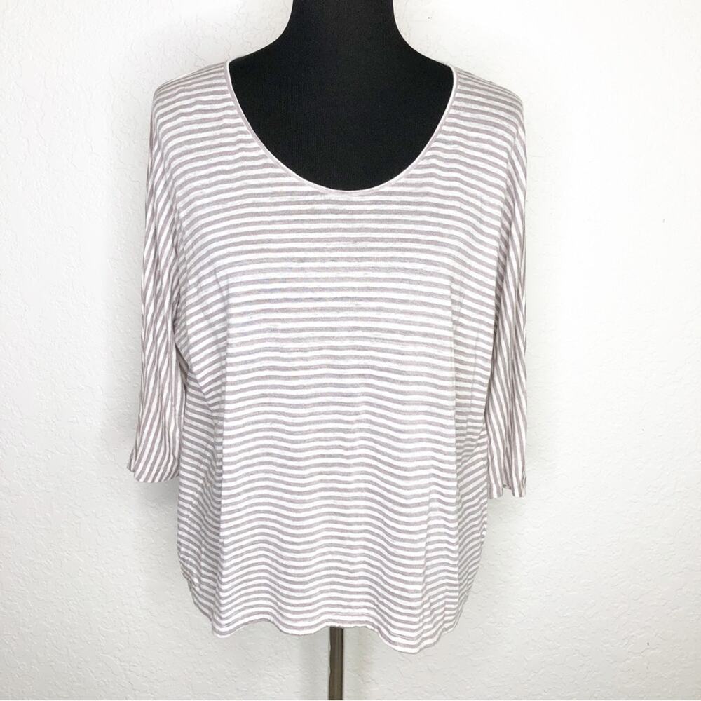 Eileen Fisher taupe and white striped linen knit top size Small